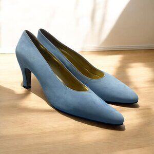 Escada Suede Leather Pumps Womens 8.5 B Light Blue Pointed Toe Old Money Office